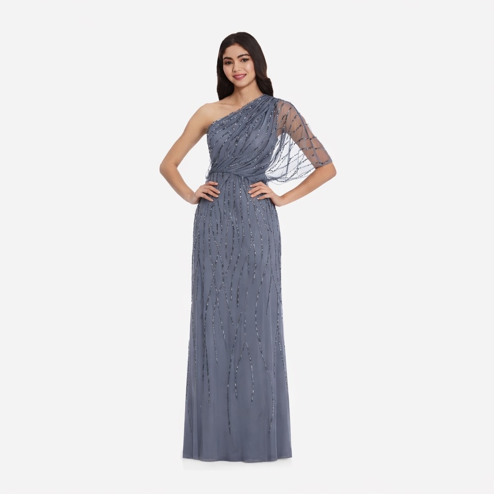 Adrianna Papell Beaded One Shoulder Gown Slate Blue Size 14W NWT GALA MOV Formal